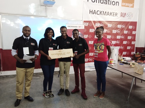 Second prix, le trio Prisca Makila, Weesley Dikumba et Gloria Lisole accompagné des membres de l’AUF (Adiac)