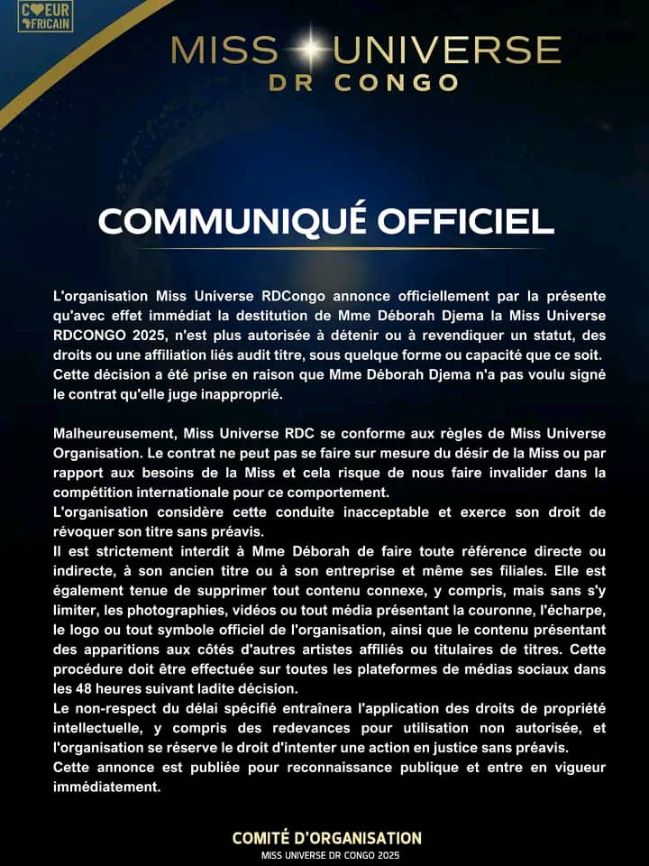 2  : Le communiqué officiel annonçant la destitution de Miss univers / DR2  : Le communiqué officiel annonçant la destitution de Miss univers / DR