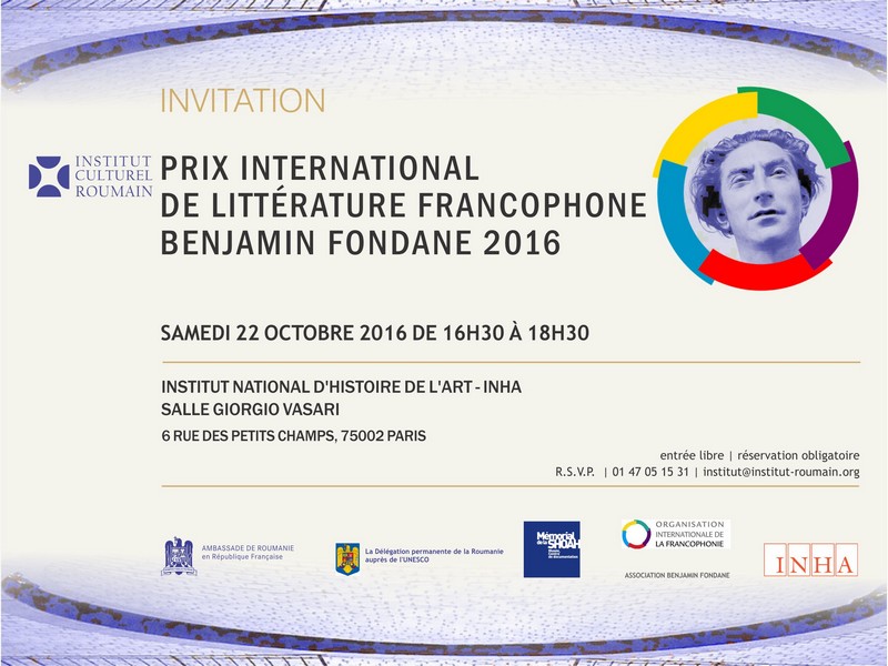 Invitation Prix Fondane, Gabriel Okoundji lauréat 2016